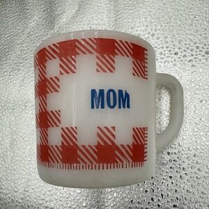 Vintage Westfield Milk Glass MOM Red White Plaid Gingham Coffee Mug